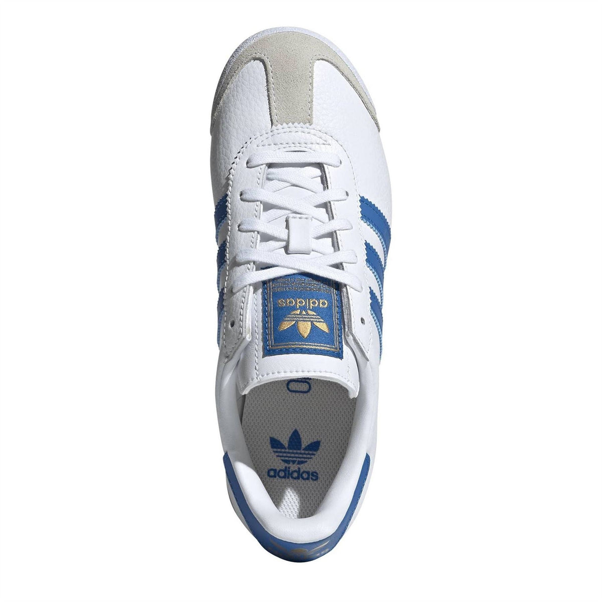 Juniors lace-up sneakers, white with blue trim and adidas trefoil logo on tongue