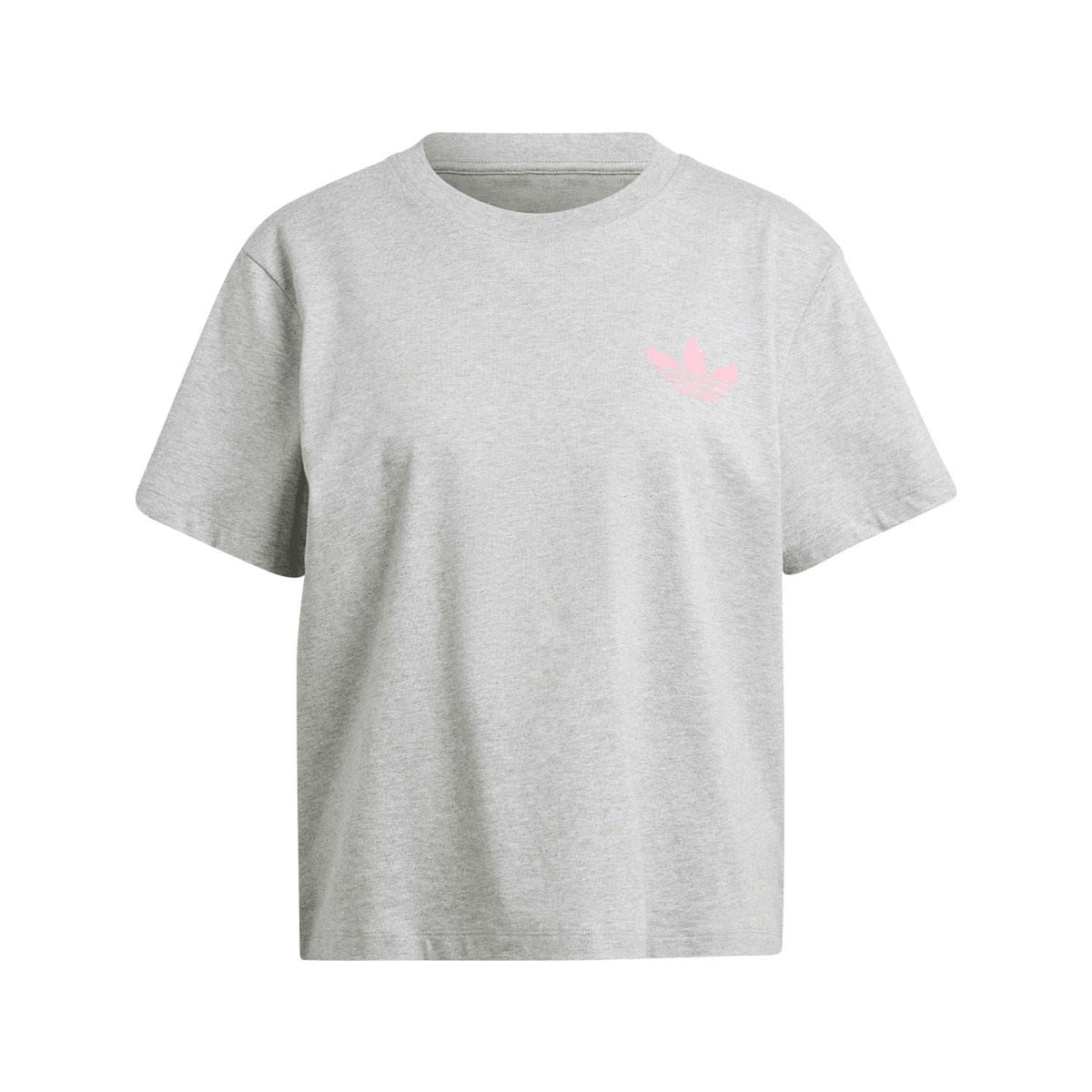 Grey crew-neck T-shirt with small pink adidas trefoil on chest