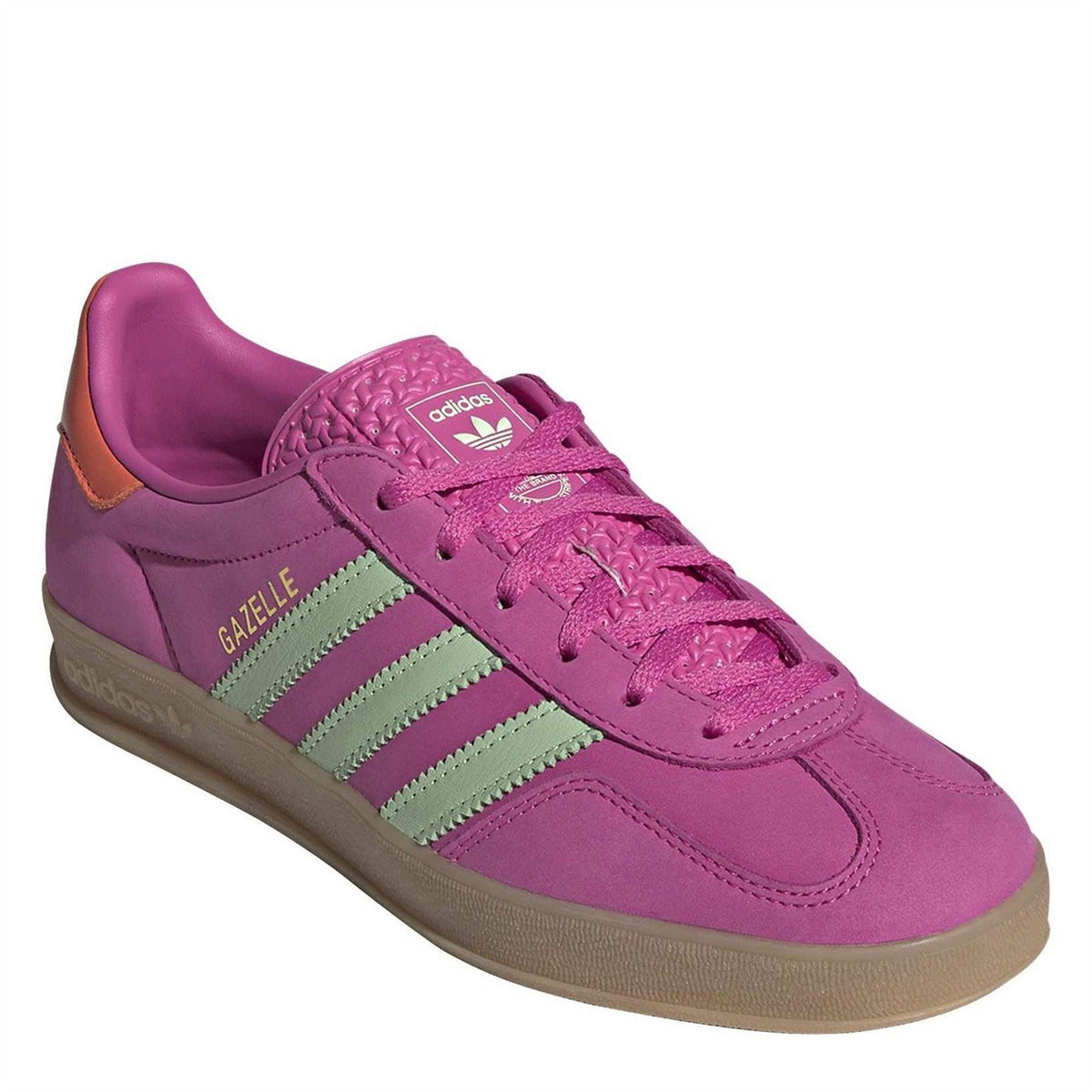 adidas Gazelle Indoor trainers with fuchsia upper, mint 3-Stripes, orange heel panel