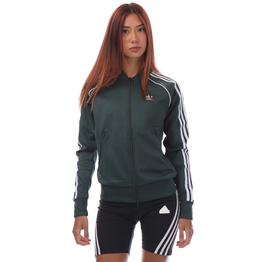 Green track jacket with full zip, stand collar, and white adidas triple-stripe sleeves