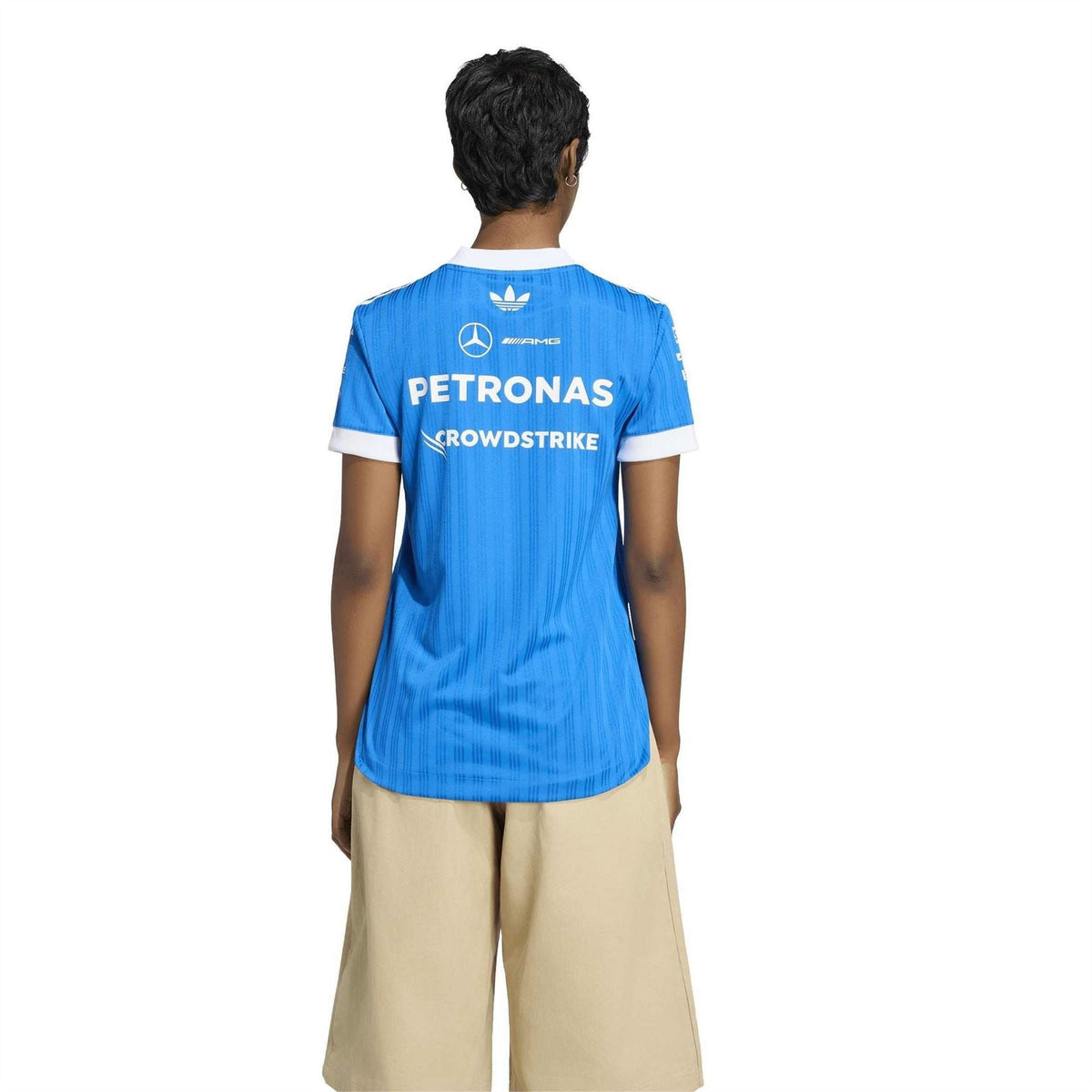 Blue adidas crew neck jersey T-shirt with white collar trim and sponsor print on back