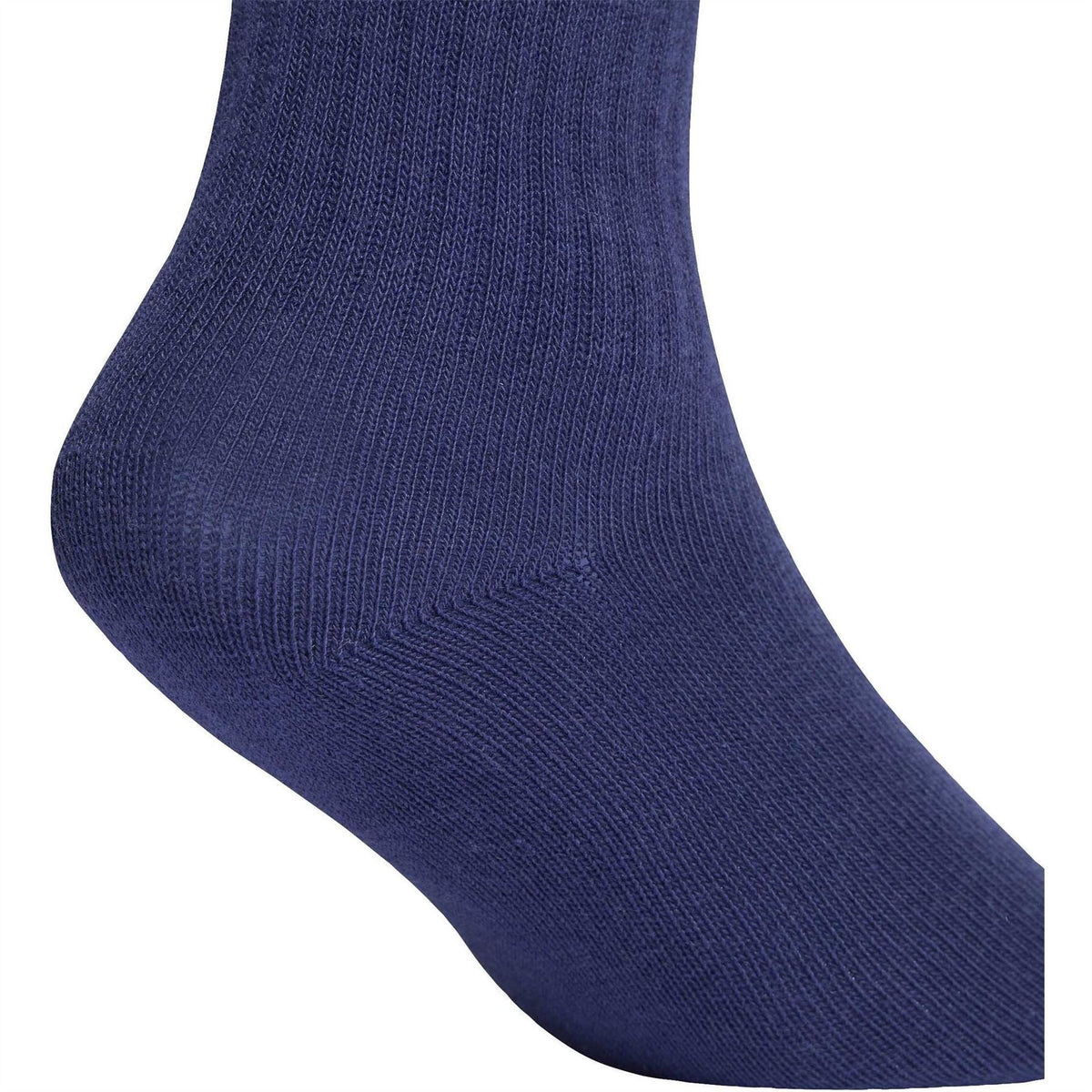 Navy crew socks, ribbed knit cuff and smooth toe seam.