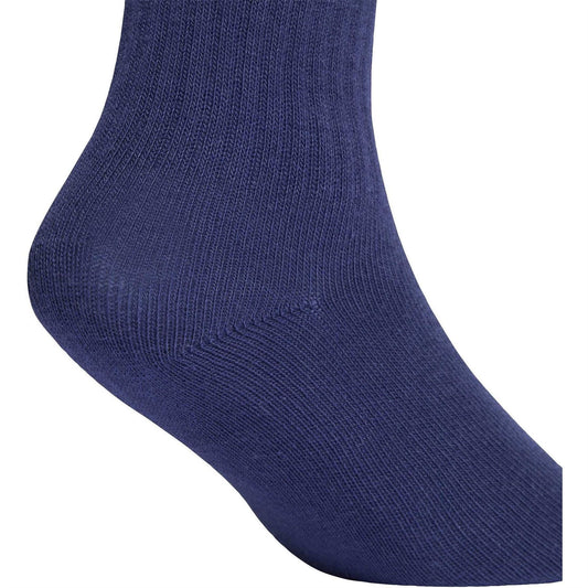 Navy crew socks, ribbed knit cuff and smooth toe seam.