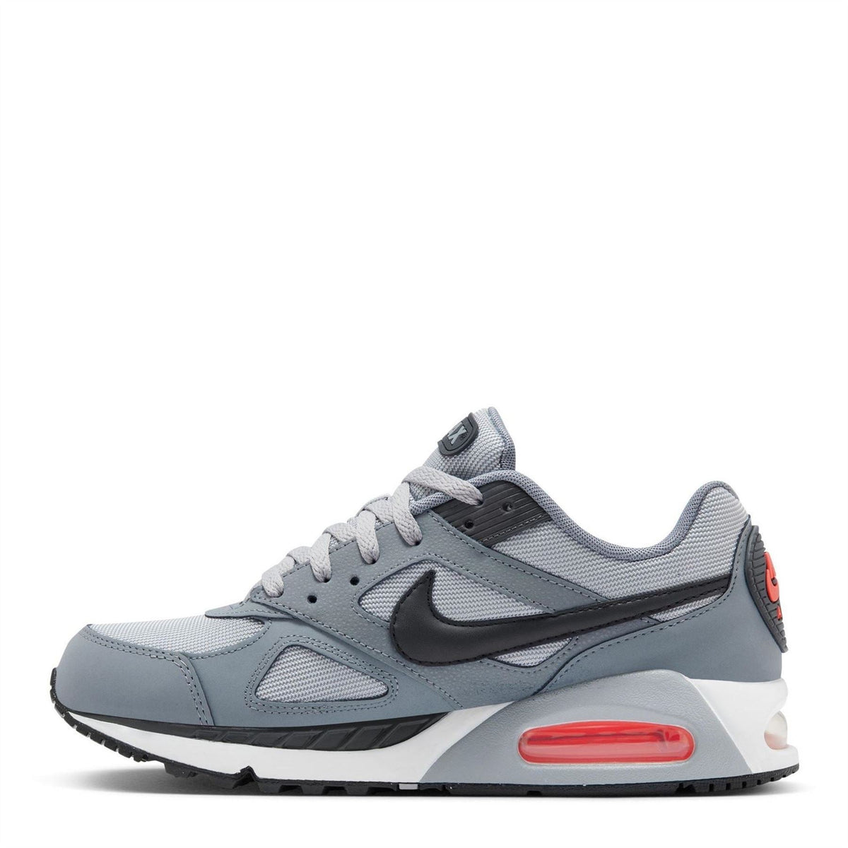 Light grey low-top trainers with dark swoosh and red air unit midsole