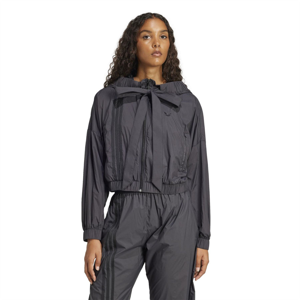 Black hooded ruched bomber jacket with bow tie neck detail and elastic cuffs