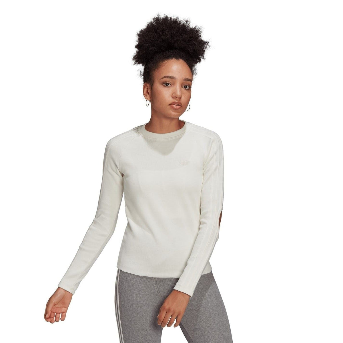 Chalk white womens crewneck long-sleeve T-shirt, straight hem and cuffed sleeves