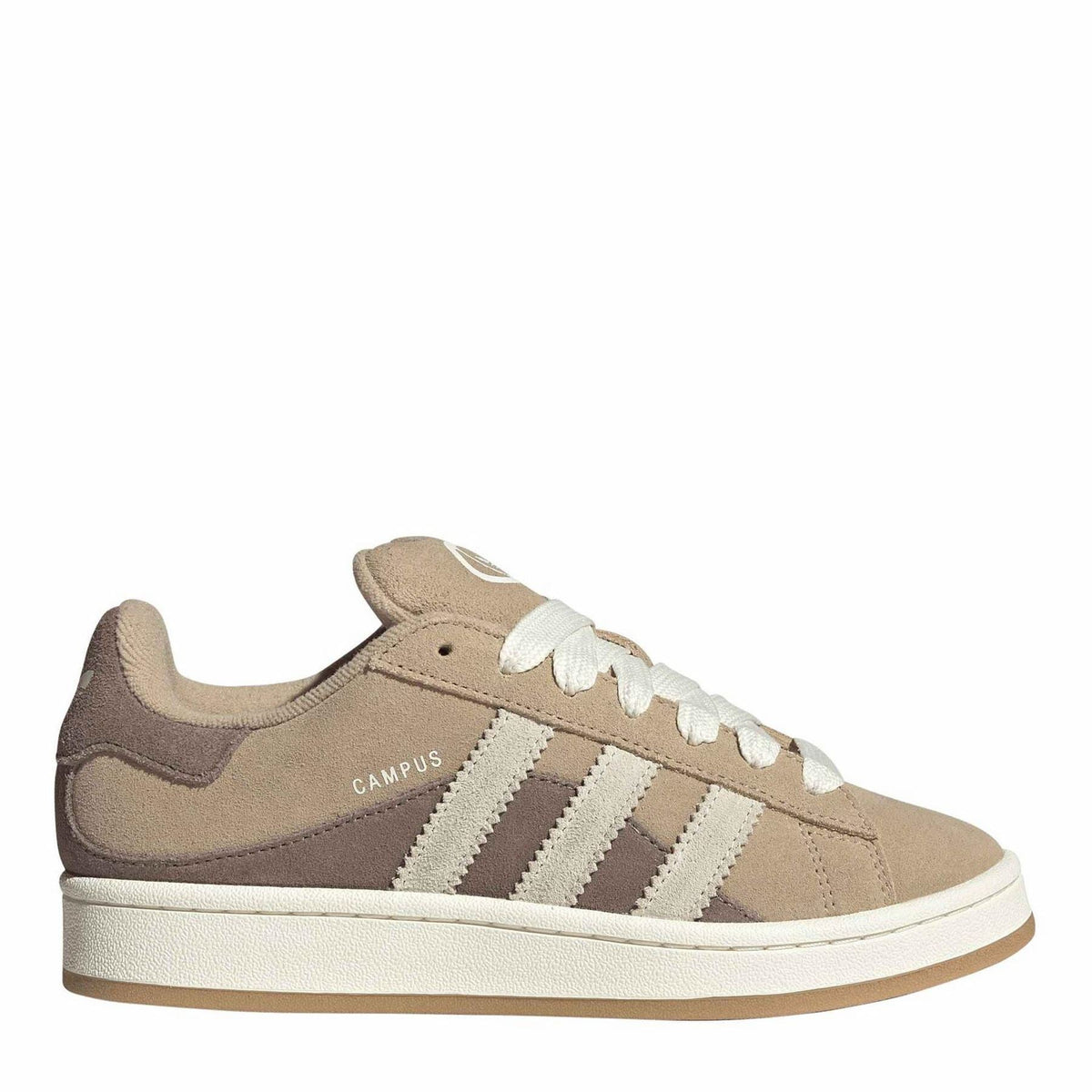 Beige and brown suede low-top trainers with white three-stripe side panels and laces