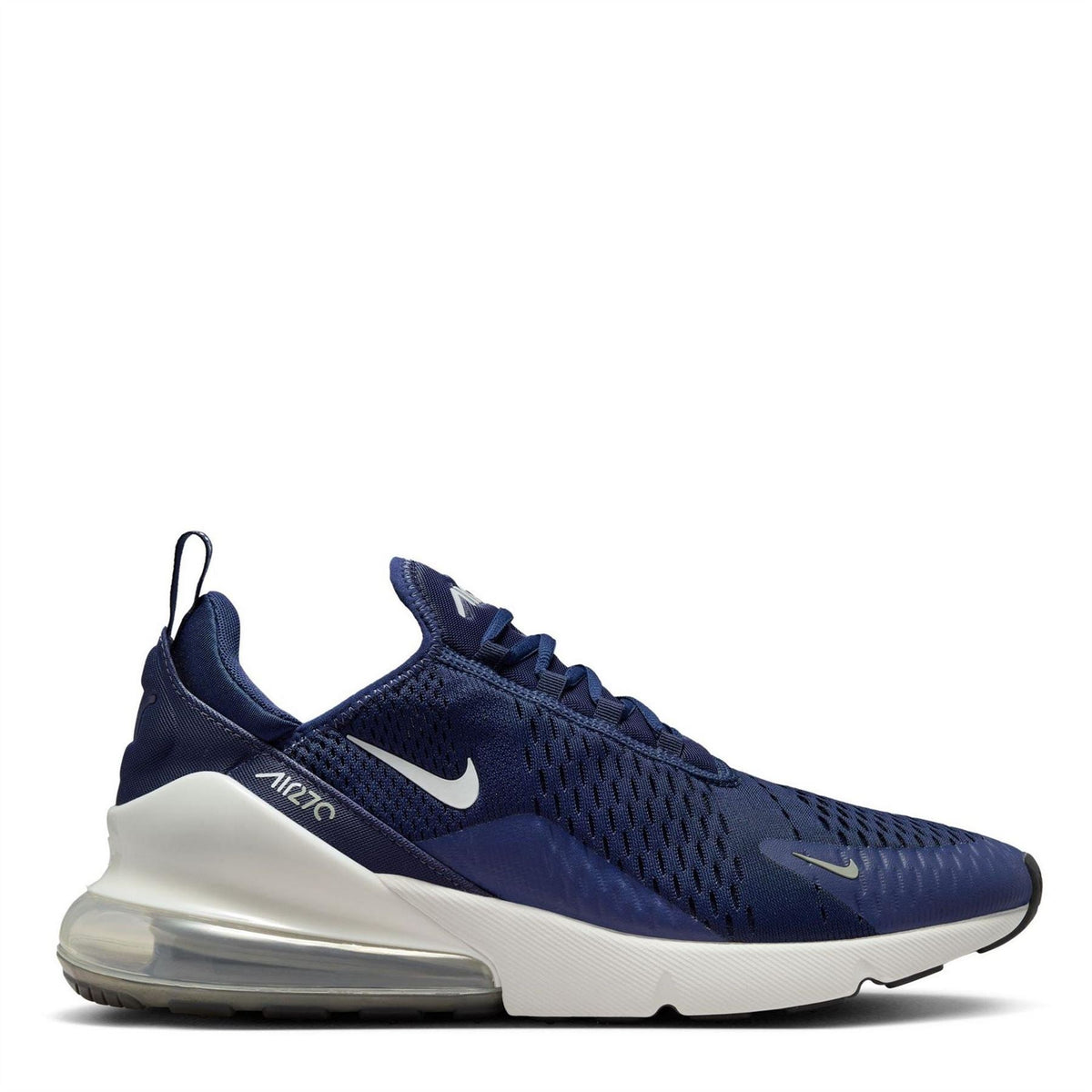 Nike Air Max 270 men's trainers, navy blue knit upper with white midsole and air cushion