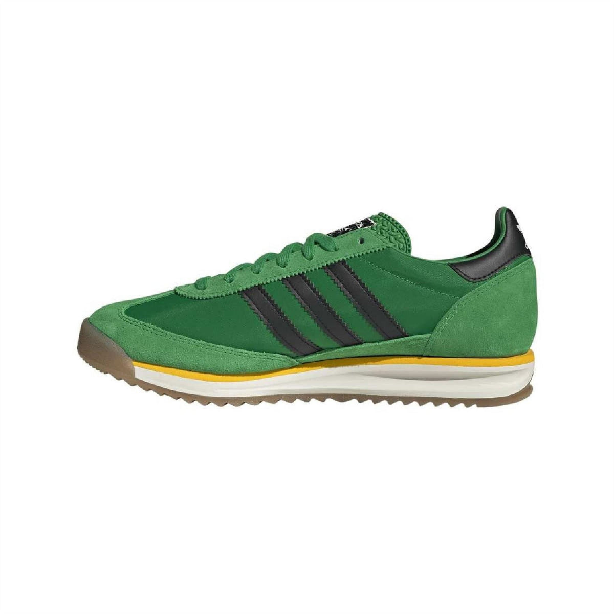 Green adidas low-top trainers, side view with three stripes and gum-look sole