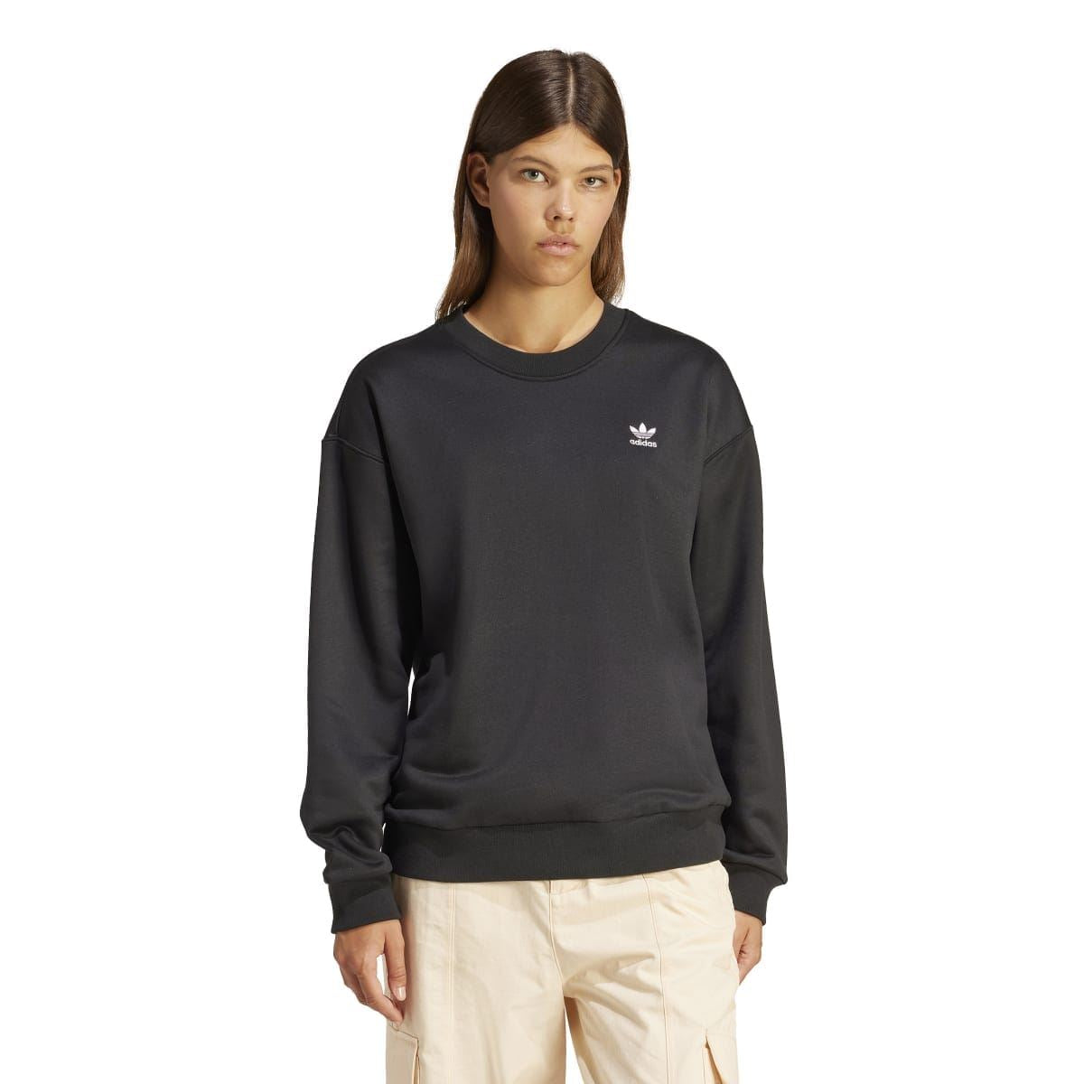 Black adidas Originals crew sweatshirt on model with small chest trefoil logo