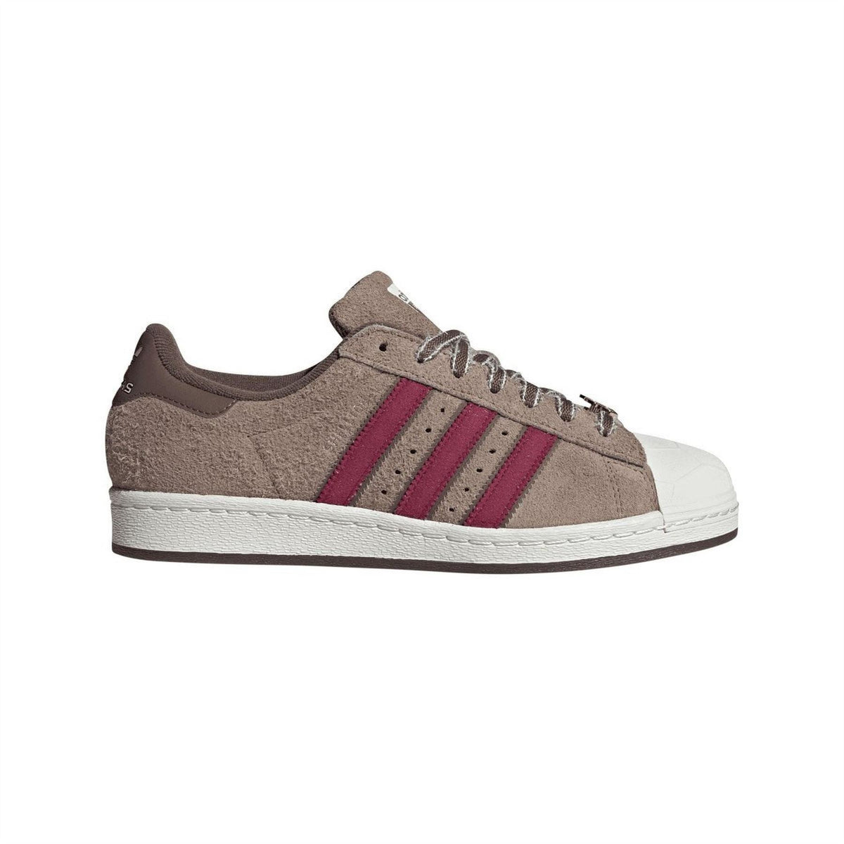 Brown suede-look adidas Originals low-top sneaker with magenta stripes and white sole