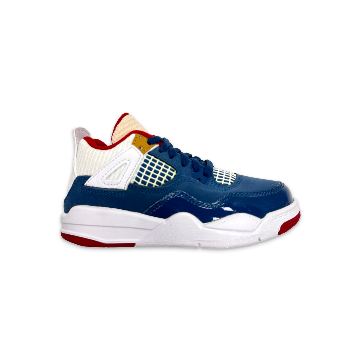 Kids' Air Jordan 4 Retro sneakers in blue with white panels and red accents
