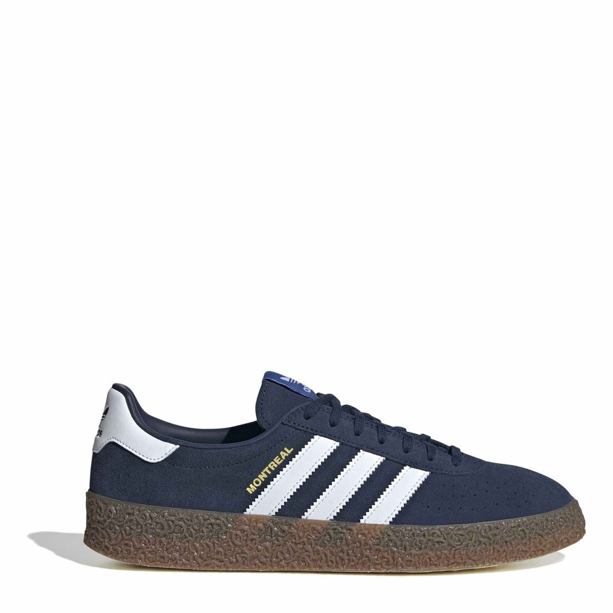 adidas Montreal trainers navy suede with white three stripes and brown textured gum sole