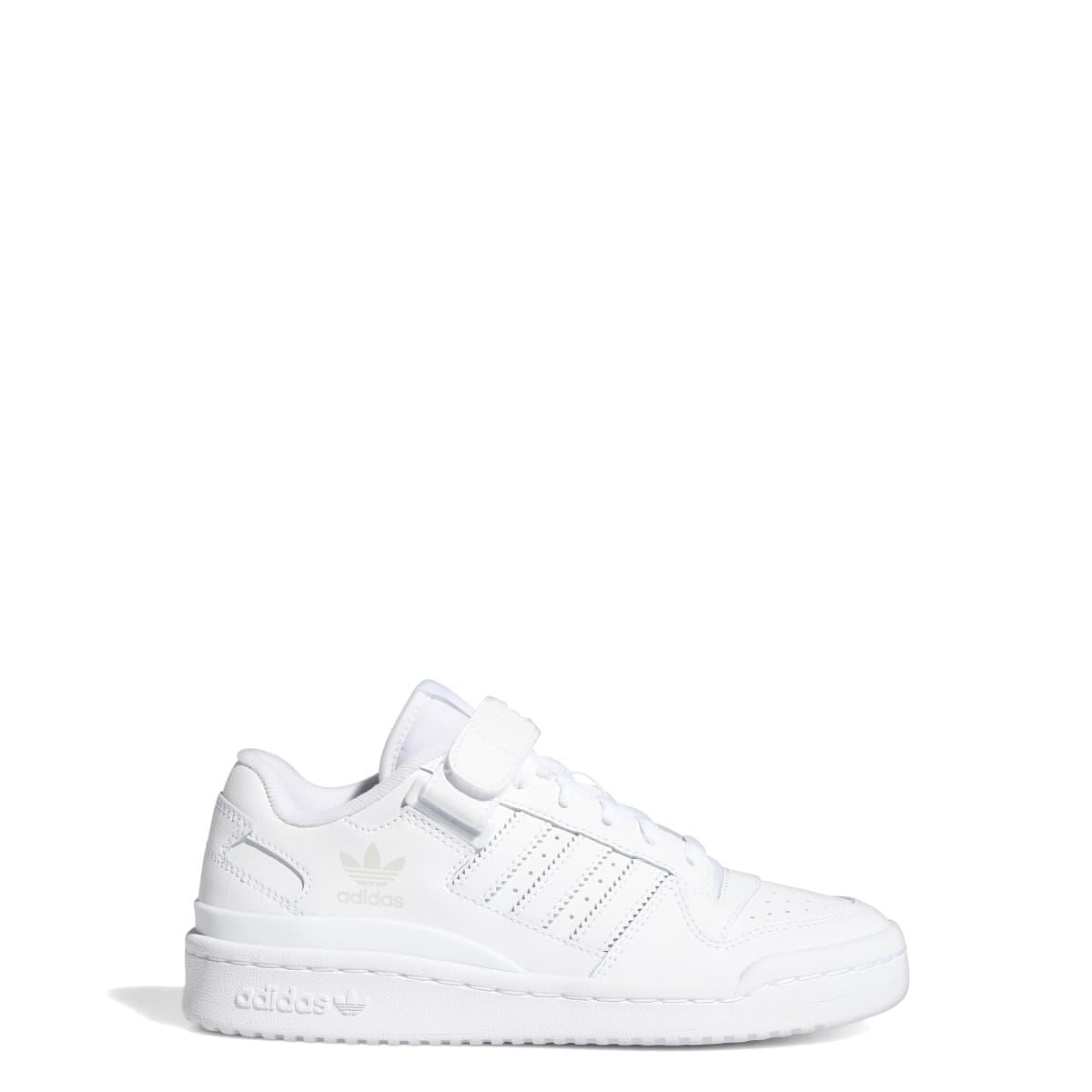 White low-top kids trainers with three stripes, strap closure, and adidas branding