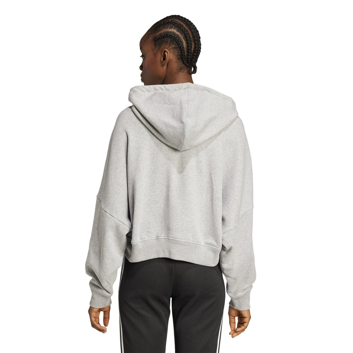 Light grey zip-up hooded sweatshirt from the back with long sleeves and drawstring hood
