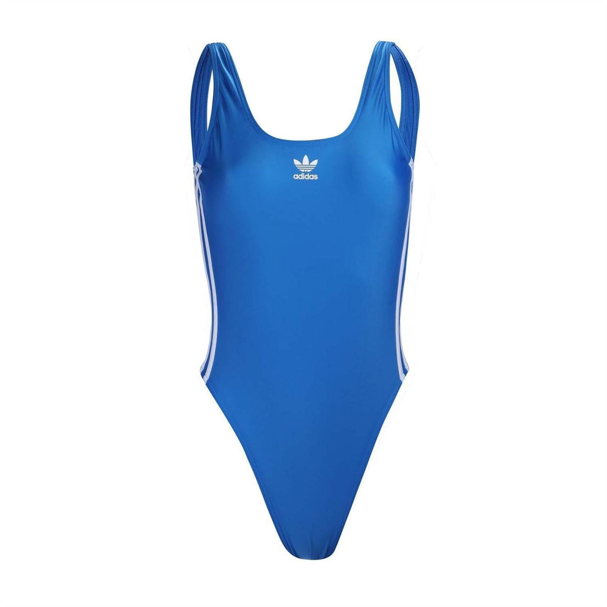 Blue one-piece swimsuit with scoop neck and adidas logo at chest