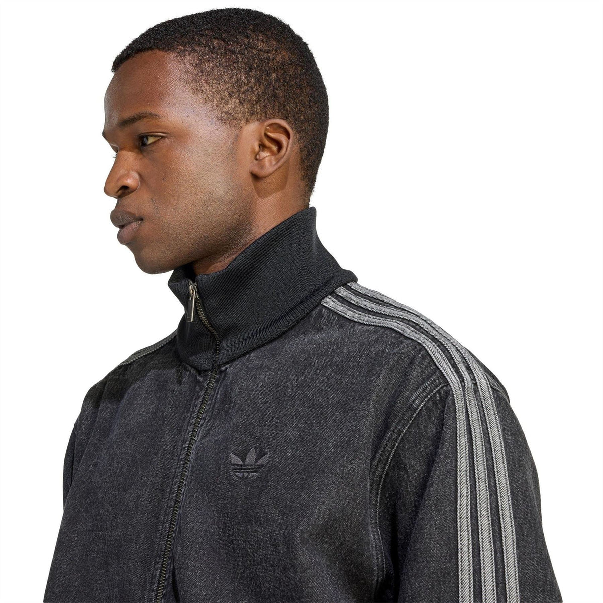 Funnel-neck denim-look athletic top with adidas-style chest logo and zip closure