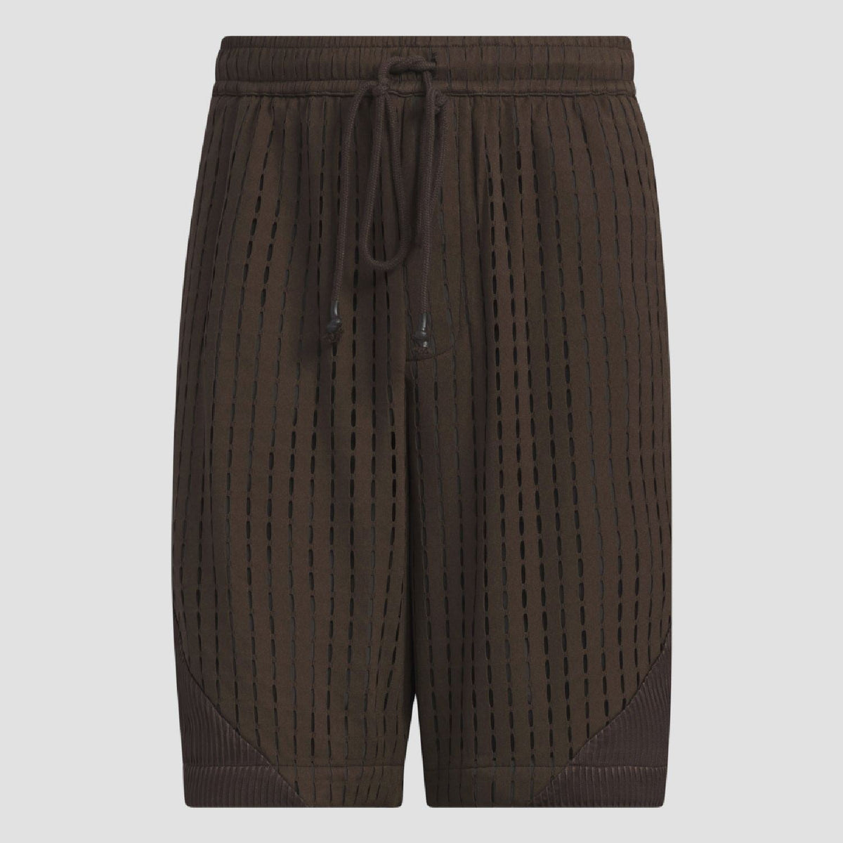 Brown pinstriped shorts with elastic drawstring waistband