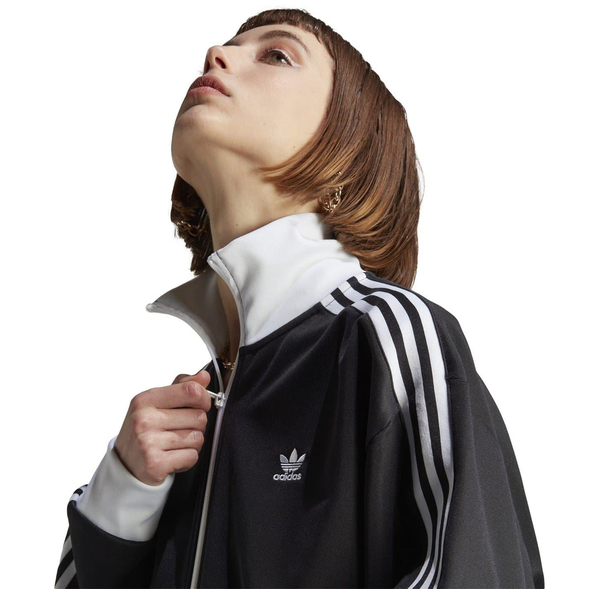 adidas Originals high neck ribbed cuff sweatshirt jacket in black, featuring a zip-up front and sporty design.