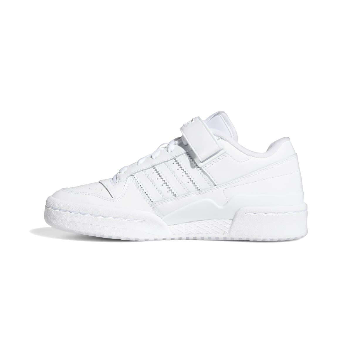 White kids low-top trainer side view with strap, stripes, and padded toe
