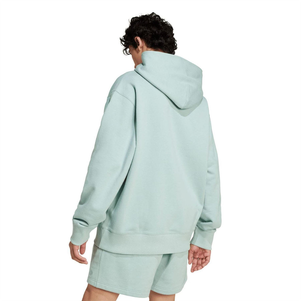 Green pullover hoodie, back view with hood and kangaroo pocket