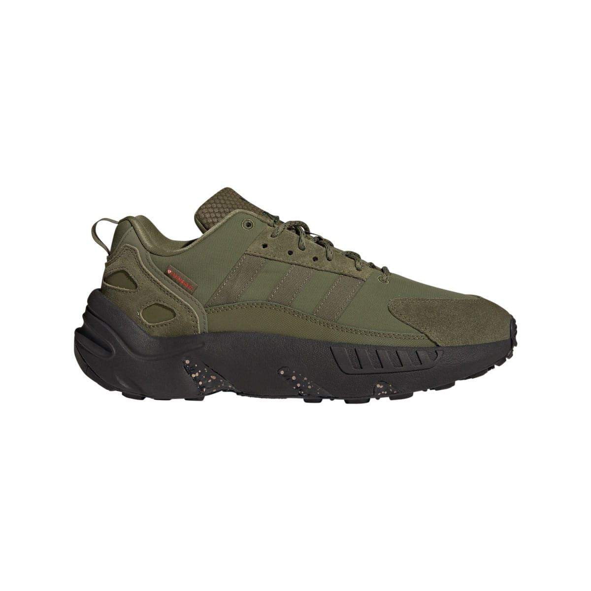 Olive low-top trainers with lace-up closure and padded collar, suede-look upper