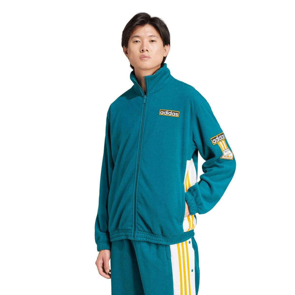 Teal adidas Originals fleece track jacket with full zip and stand collar