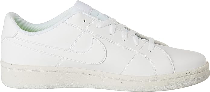 White lace-up low-top sneaker with large Nike swoosh and stitched paneling