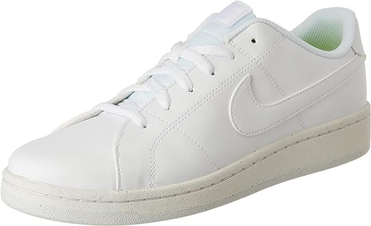 White low-top sneakers with lace-up front and Nike swoosh detail on side
