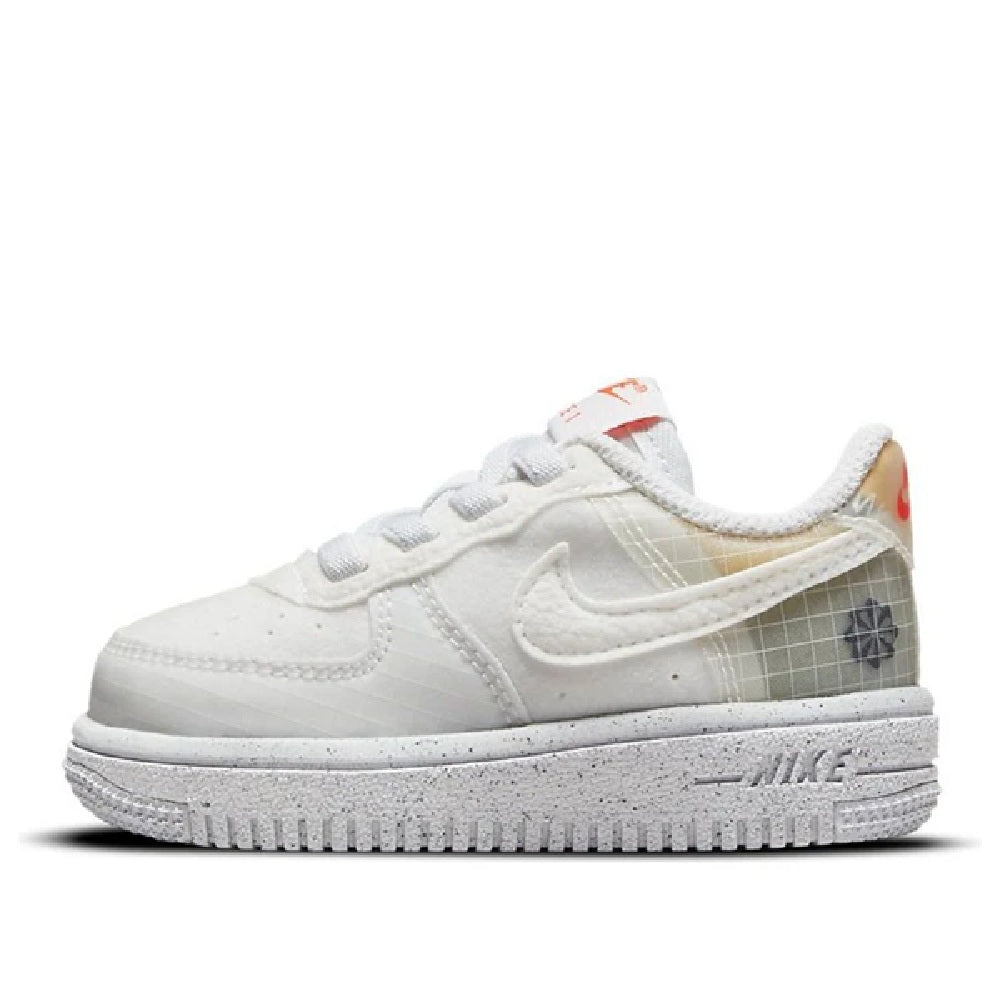 Toddler Nike Air Force 1 Crater sneaker, white with gray plaid panels and orange accents