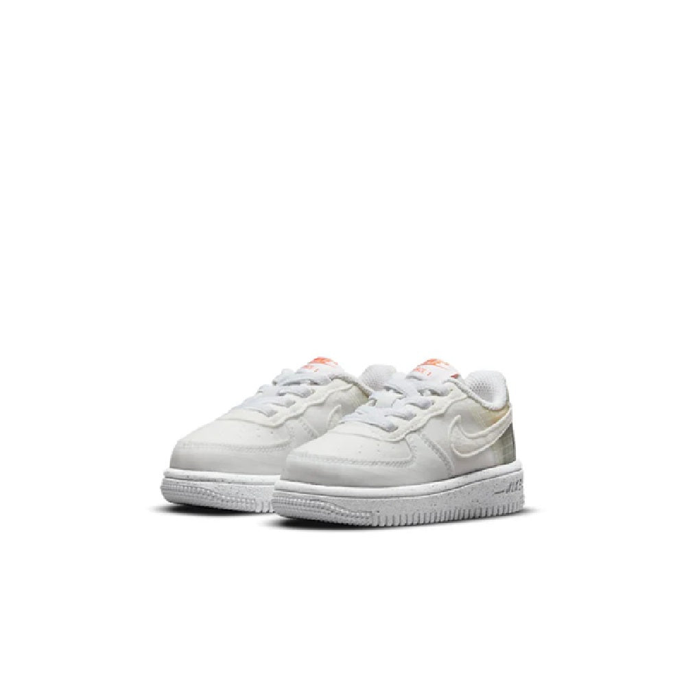 Toddler Nike Air Force 1 Crater sneaker pair, white laces with gray plaid heel panel