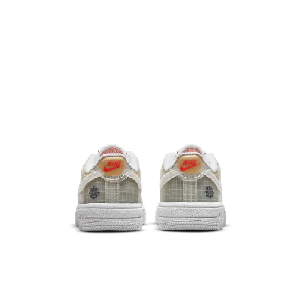 Toddler Nike Air Force 1 Crater sneaker, back view with gray plaid heel and white outsole