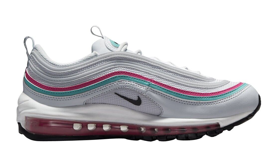 Nike Air Max 97 women's sneaker, side view with teal and pink wave trim and red Air unit