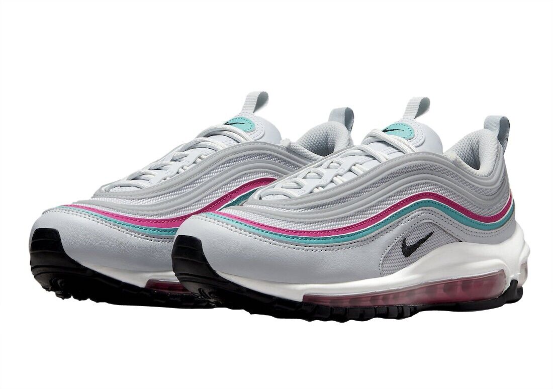 Pair of Women's Nike Air Max 97 sneakers, gray upper with teal/pink accents and red Air sole