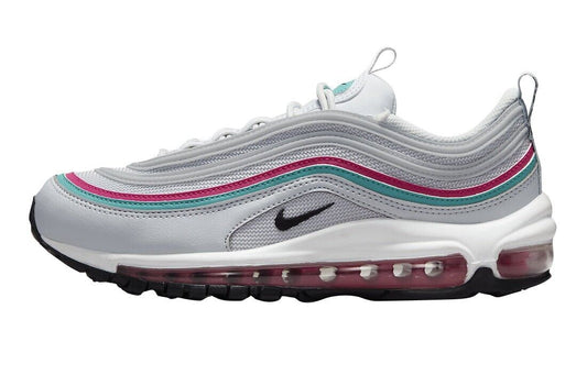 Women's Nike Air Max 97 sneaker in white, with teal and pink stripe and Air sole