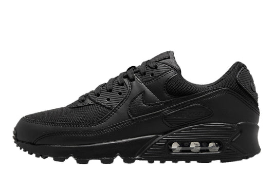 Black Nike Air Max 90 sneaker with lace-up front and visible Air window
