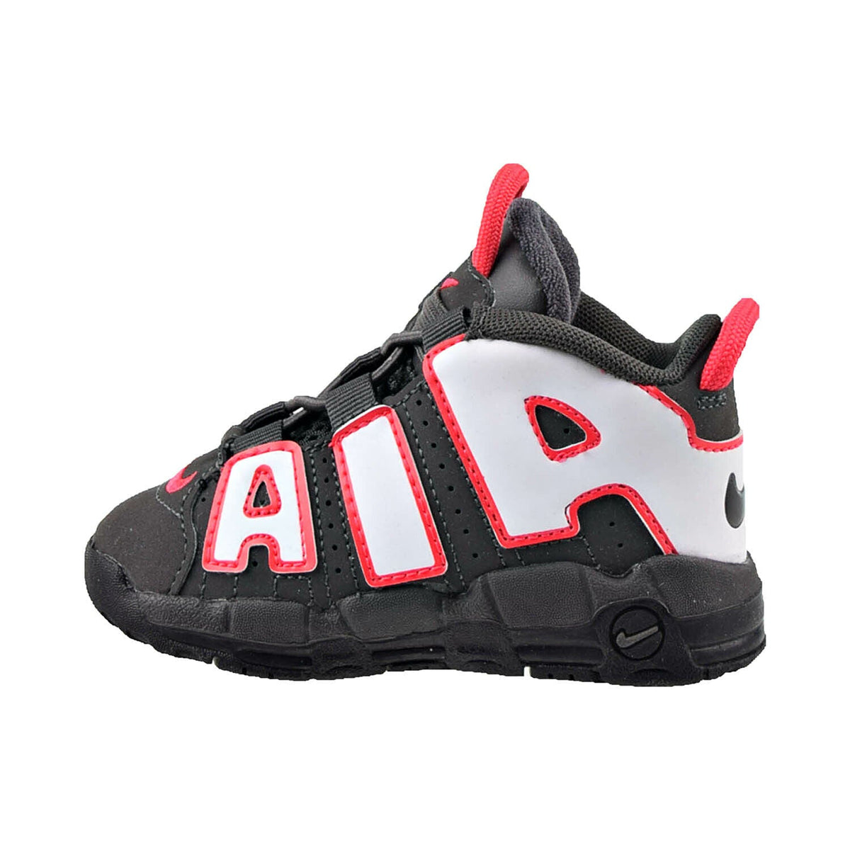 Toddler black, white, and red high-top sneakers with large “AIR” letter panels
