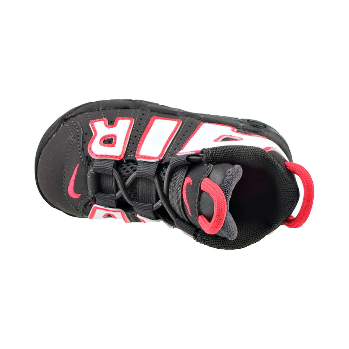 Toddler high-top sneaker toe view with black interior lining and red laces