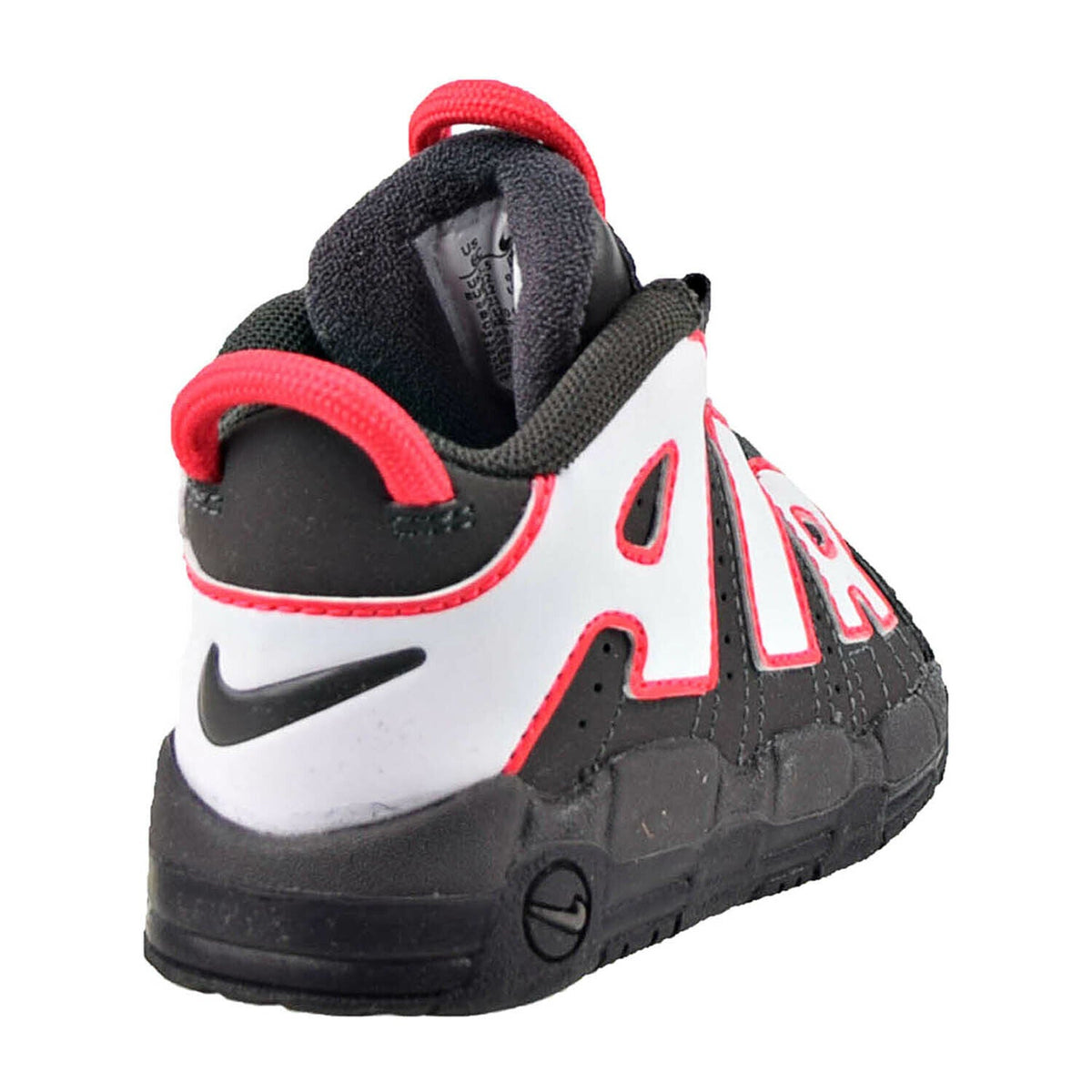 Toddler black and white high-top sneaker heel with red collar trim and swoosh
