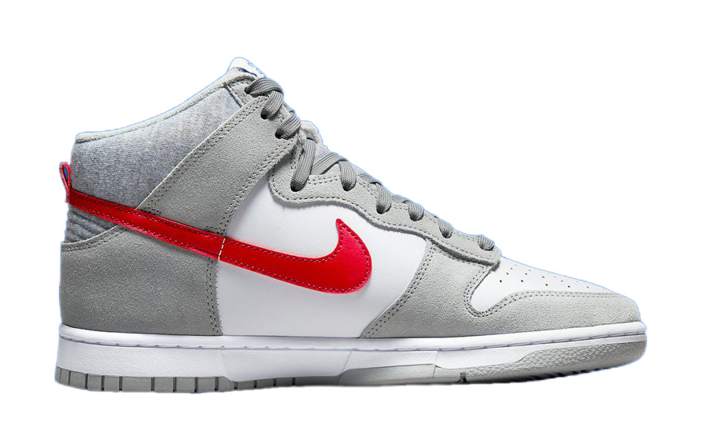 Kids' high-top sneakers in light smoke grey and white with red swoosh and stripe.