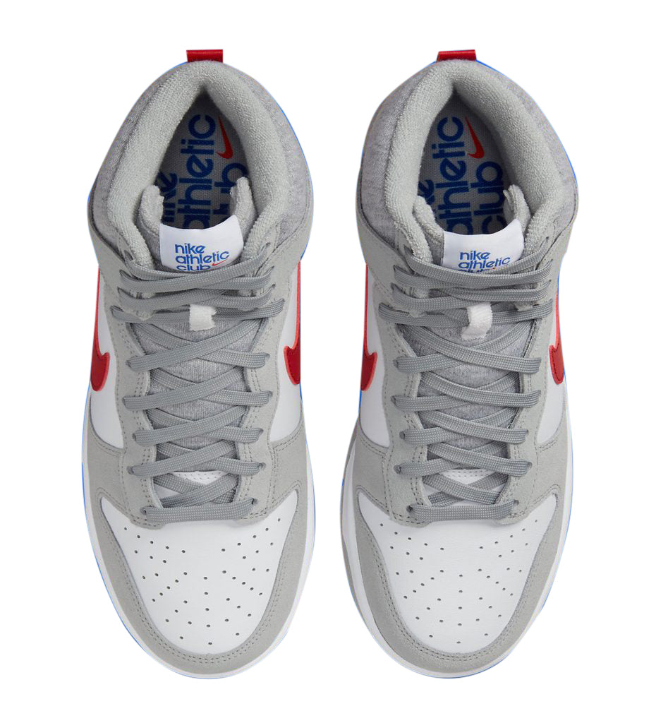 Kids' high-top sneakers with grey laces, white uppers, blue insole text, red heel tab.