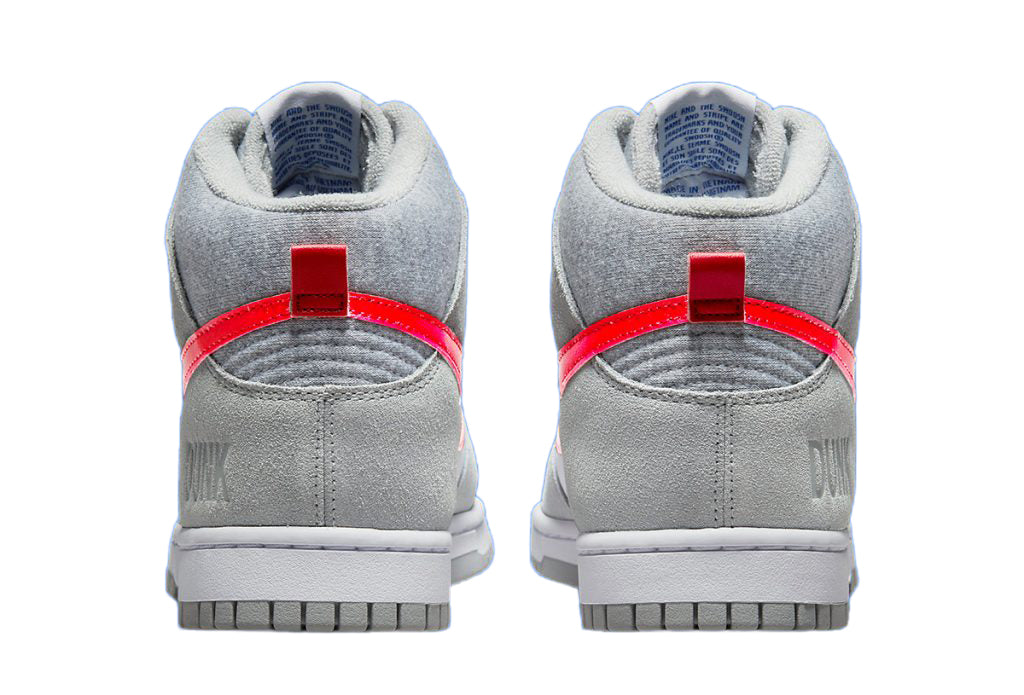 Kids' high-top sneakers with grey heel, red pull tab, and black-and-white outsole stripes.