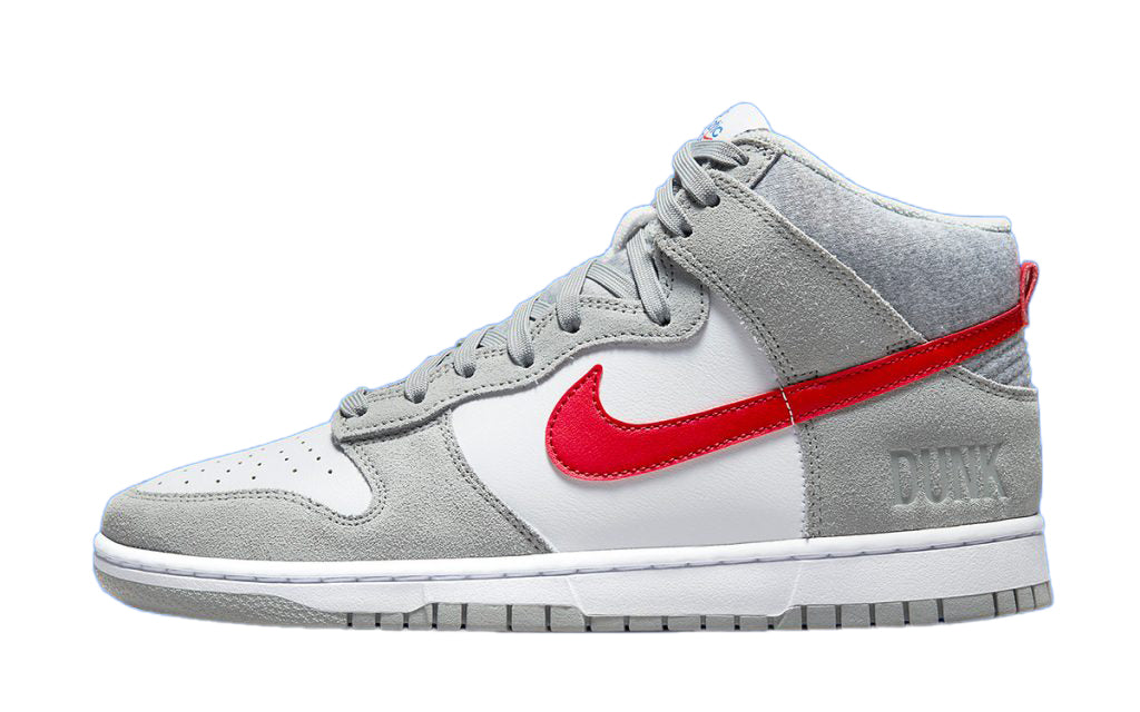 Kids' high-top sneakers with light smoke grey suede, white panels, and red swoosh.