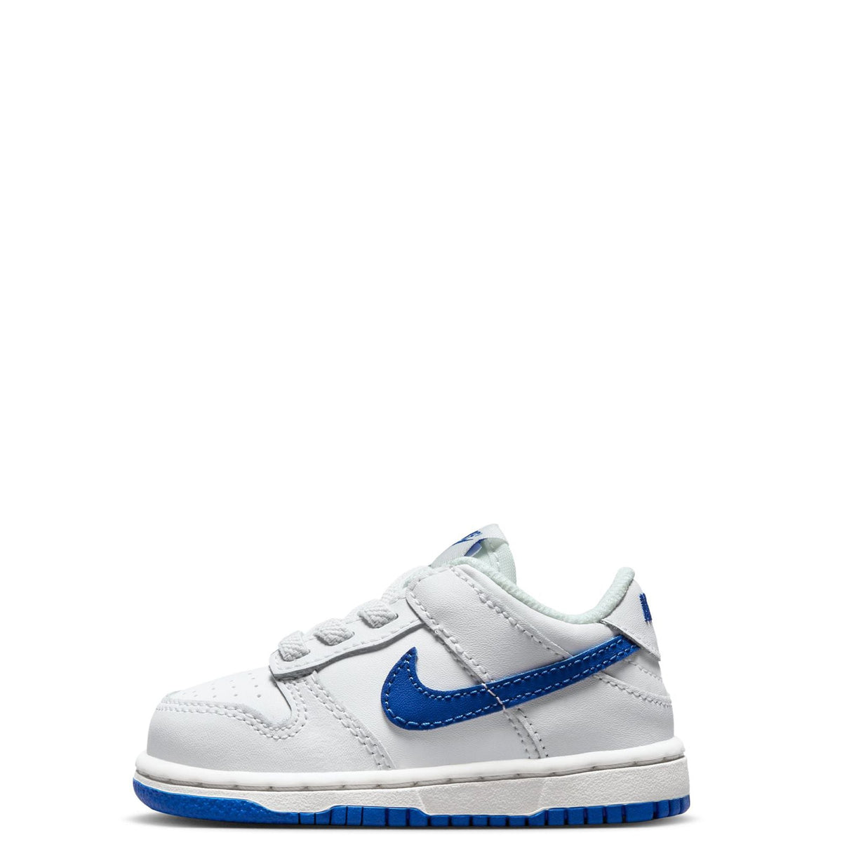 Low-top toddler sneakers, white upper with blue Nike swoosh and blue outsole