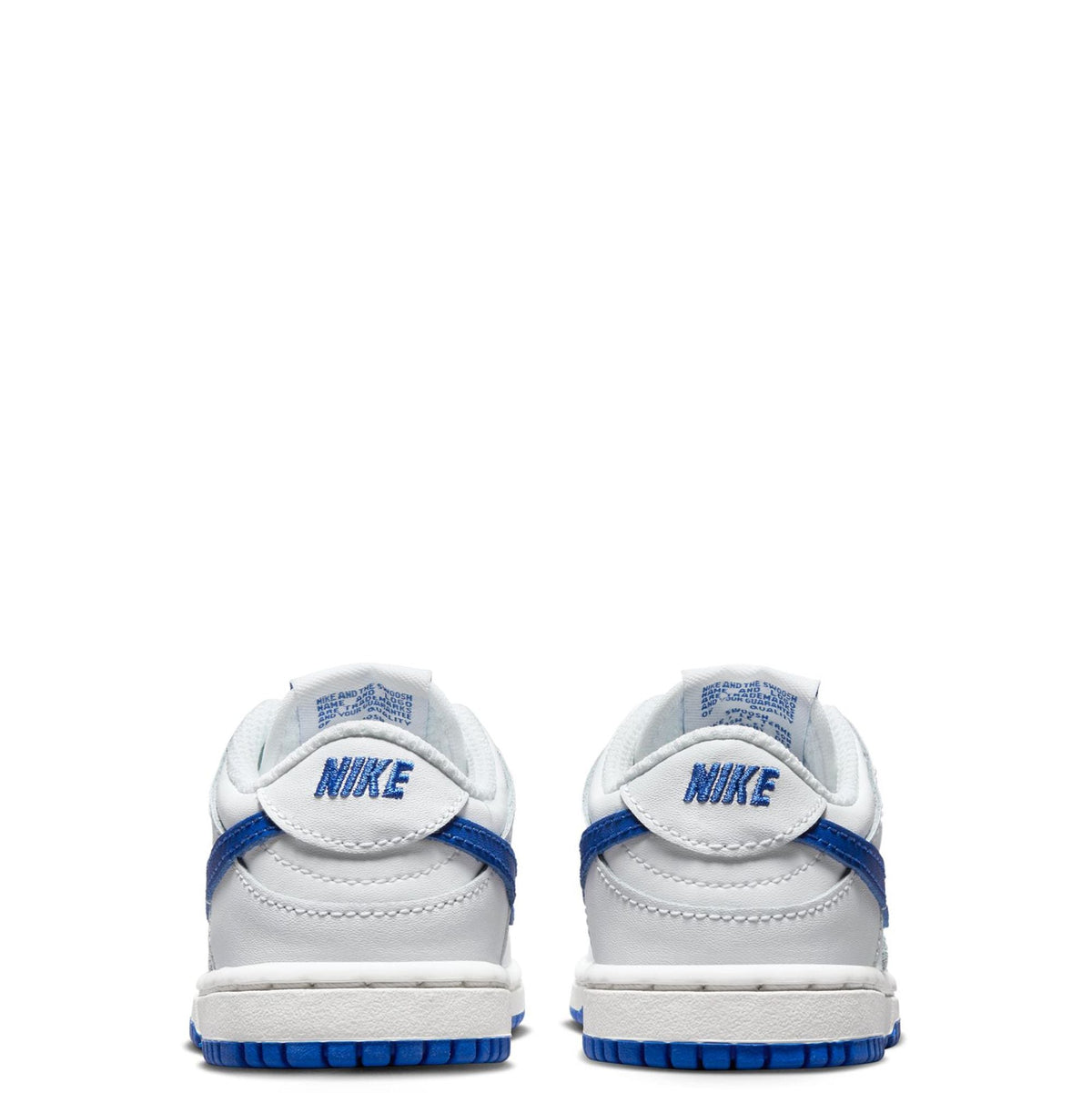 Back view of toddler low-top sneakers, white with blue heel tabs and Nike logo