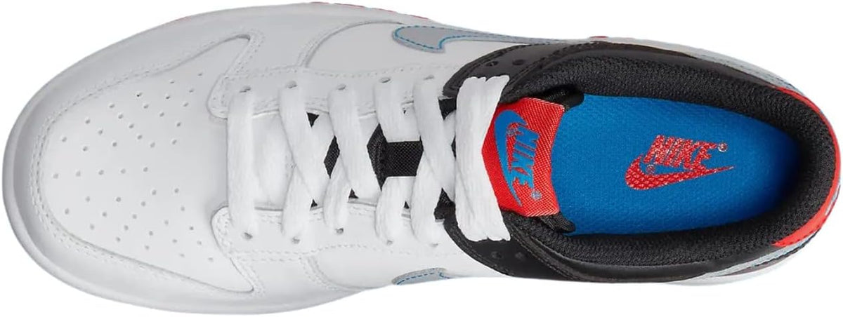 Big kid Nike Dunk Low sneakers, white leather with black collar and blue interior lining