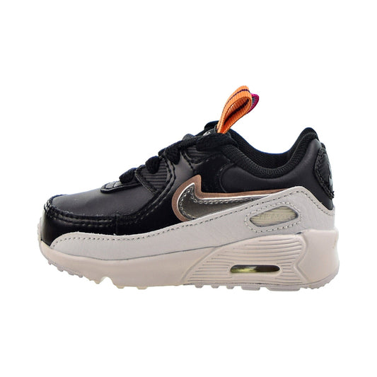 Toddler running sneaker in black and light gray with orange-pink lace detail