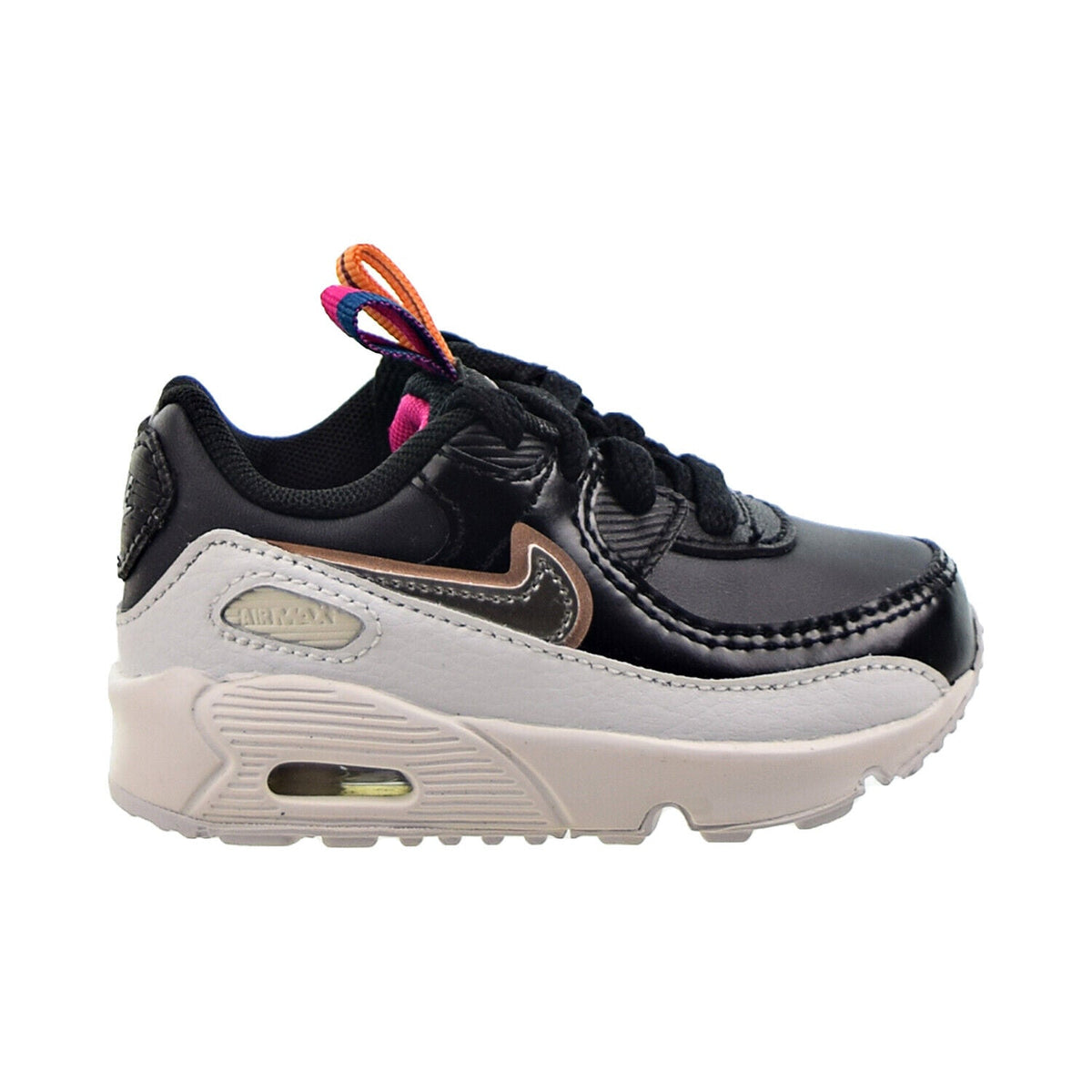 Toddler running sneaker, black upper with light gray midsole and multicolor lace loops