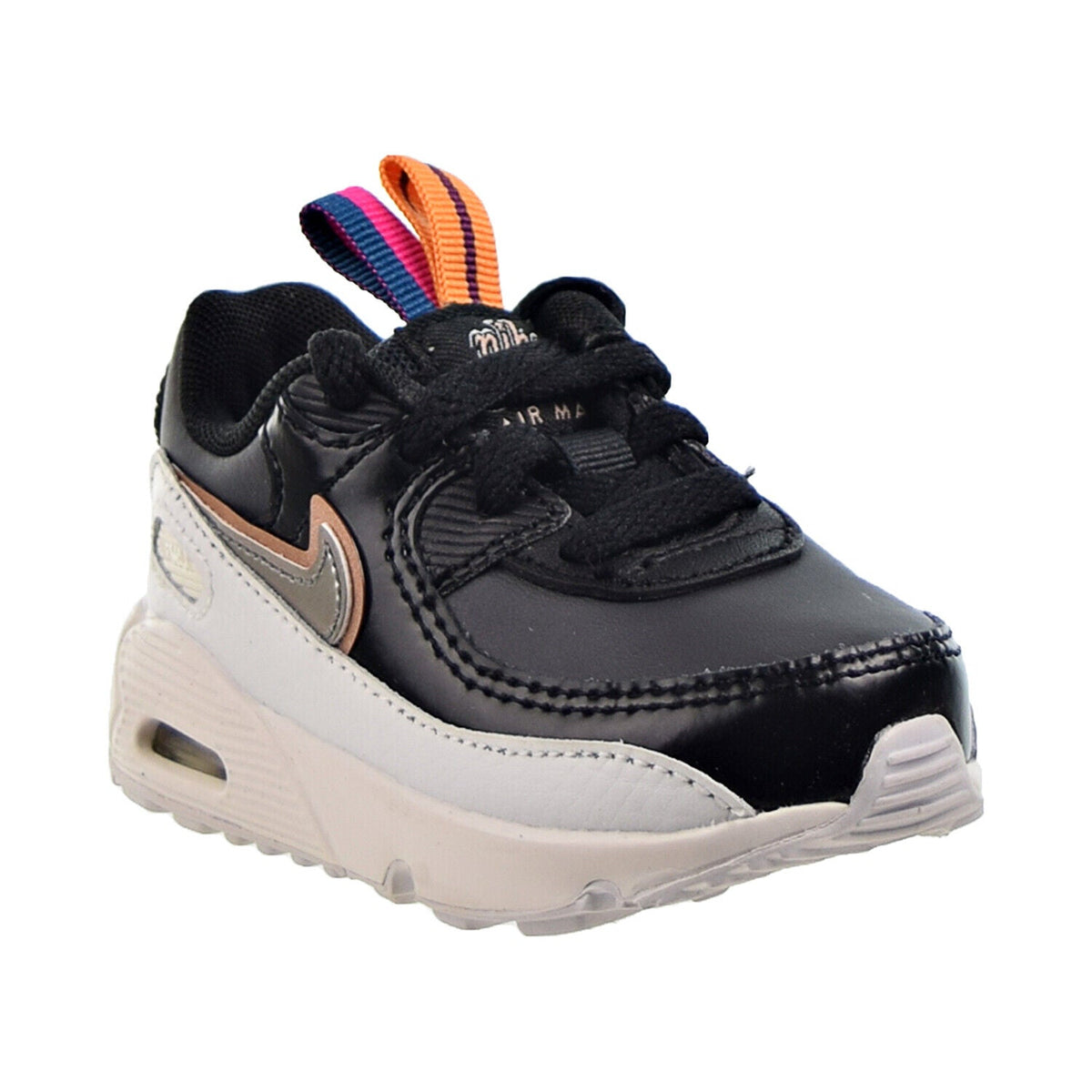 Toddler running sneaker with black panels, light gray sole, multicolor lace strap