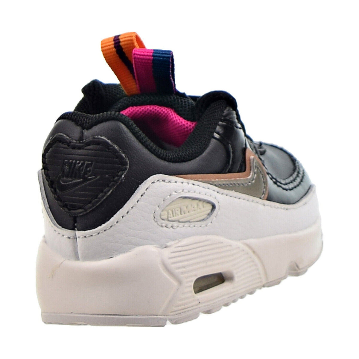 Toddler running sneaker heel, black and light gray with multicolor collar lining